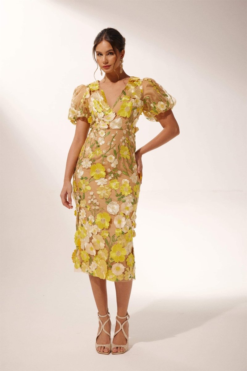 Tania Minimalist V Neck Floral Midi Dress Boutique Collection