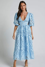 Katia Aesthetic Midi Dress with Embroidered Lace and Cutouts Elevated Occasion Wear