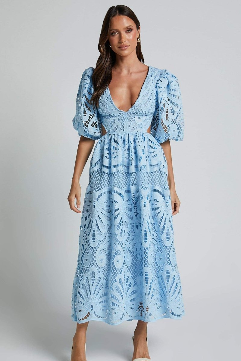 Susana Aesthetic Midi Dress with Cut Outs and Lace Embroidery Designer Edit