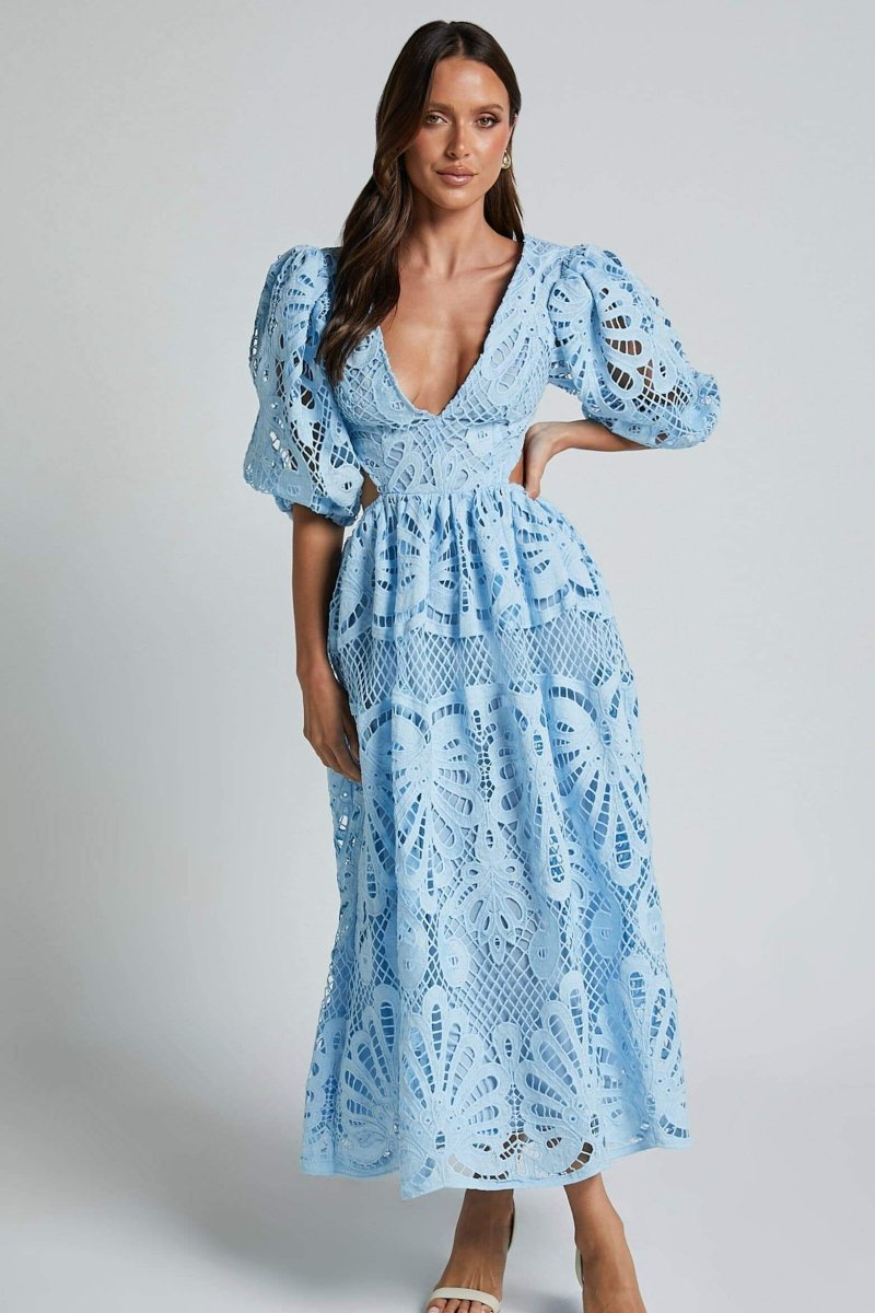 Susana Aesthetic Midi Dress with Cut Outs and Lace Embroidery Designer Edit