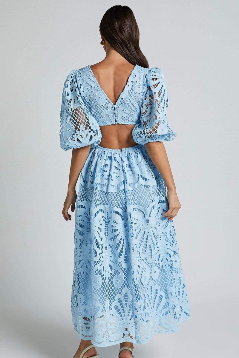 Katia Aesthetic Midi Dress with Embroidered Lace and Cutouts Elevated Occasion Wear
