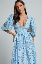Susana Aesthetic Midi Dress with Cut Outs and Lace Embroidery Designer Edit