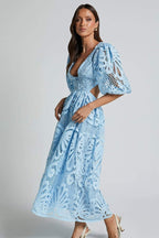 Susana Aesthetic Midi Dress with Cut Outs and Lace Embroidery Designer Edit