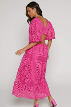 Susana Aesthetic Midi Dress with Cut Outs and Lace Embroidery Designer Edit