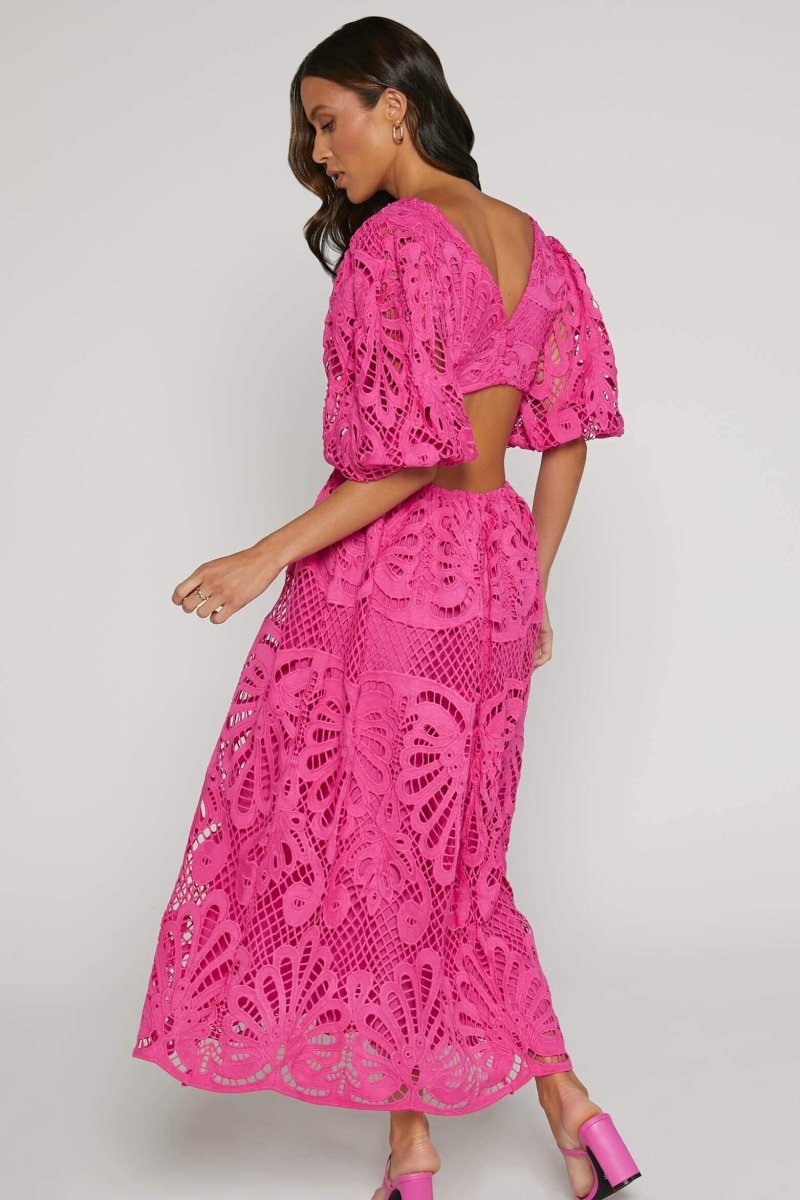 Katia Aesthetic Midi Dress with Embroidered Lace and Cutouts Elevated Occasion Wear