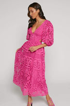 Katia Aesthetic Midi Dress with Embroidered Lace and Cutouts Elevated Occasion Wear