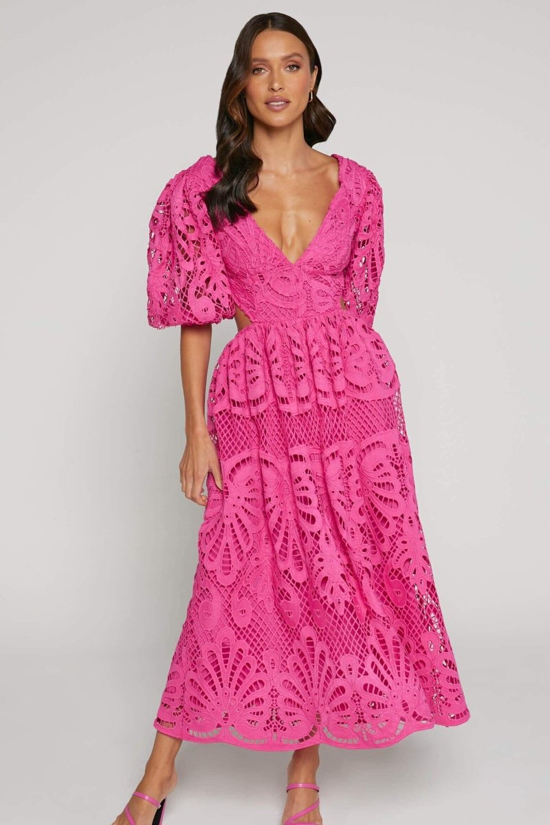 Susana Aesthetic Midi Dress with Cut Outs and Lace Embroidery Designer Edit