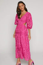 Katia Aesthetic Midi Dress with Embroidered Lace and Cutouts Elevated Occasion Wear