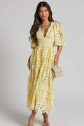 Susana Aesthetic Midi Dress with Cut Outs and Lace Embroidery Designer Edit