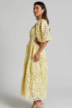 Susana Aesthetic Midi Dress with Cut Outs and Lace Embroidery Designer Edit