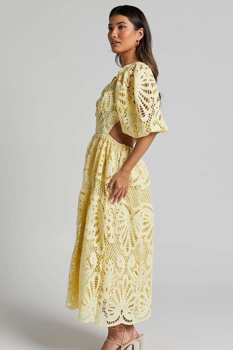 Susana Aesthetic Midi Dress with Cut Outs and Lace Embroidery Designer Edit