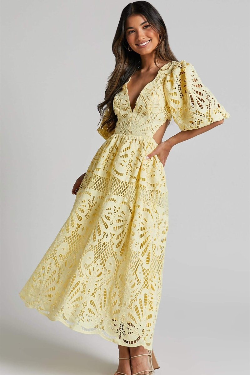 Katia Aesthetic Midi Dress with Embroidered Lace and Cutouts Elevated Occasion Wear