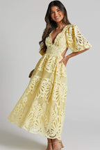 Katia Aesthetic Midi Dress with Embroidered Lace and Cutouts Elevated Occasion Wear
