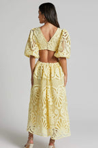 Katia Aesthetic Midi Dress with Embroidered Lace and Cutouts Elevated Occasion Wear