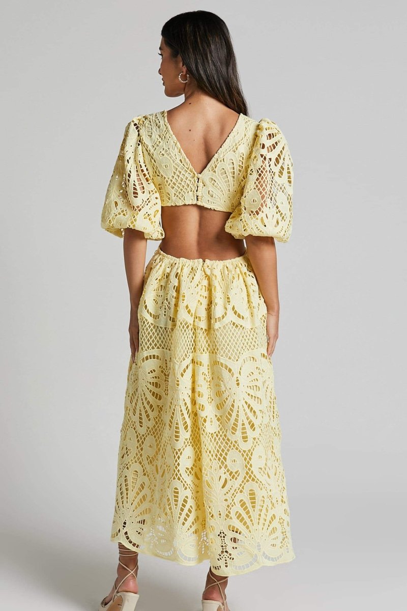 Susana Aesthetic Midi Dress with Cut Outs and Lace Embroidery Designer Edit