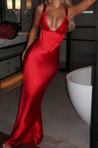 Satin Boned Spaghetti Strap Open Back Evening Dress