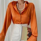 Satin Long Sleeve Vintage Blue Blouse