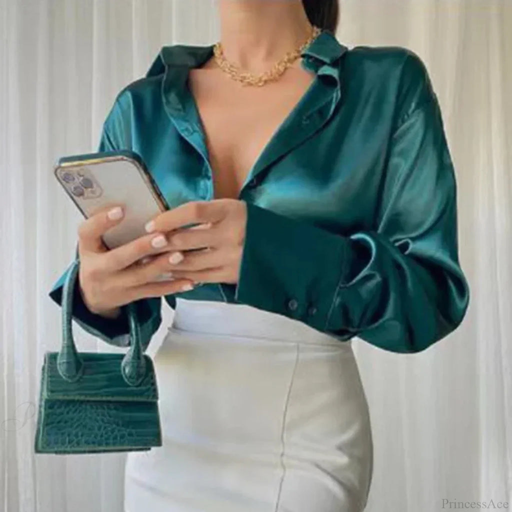 Satin Long Sleeve Vintage Blue Blouse