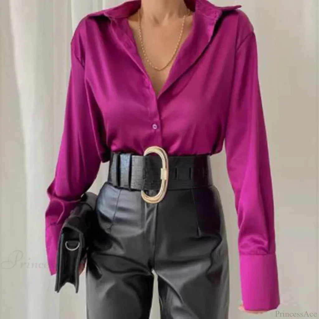 Satin Long Sleeve Vintage Blue Blouse