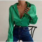 Satin Long Sleeve Vintage Blue Blouse