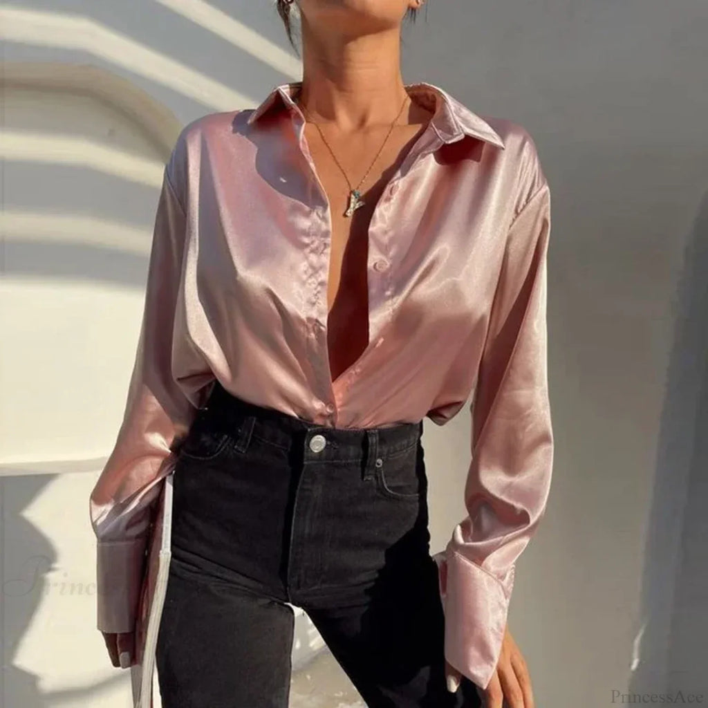 Satin Long Sleeve Vintage Blue Blouse