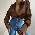 Satin Long Sleeve Vintage Blue Green Silk Button Blouse