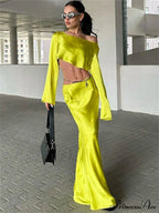 Satin Off Shoulder Long Sleeve Crop Top Maxi Dress