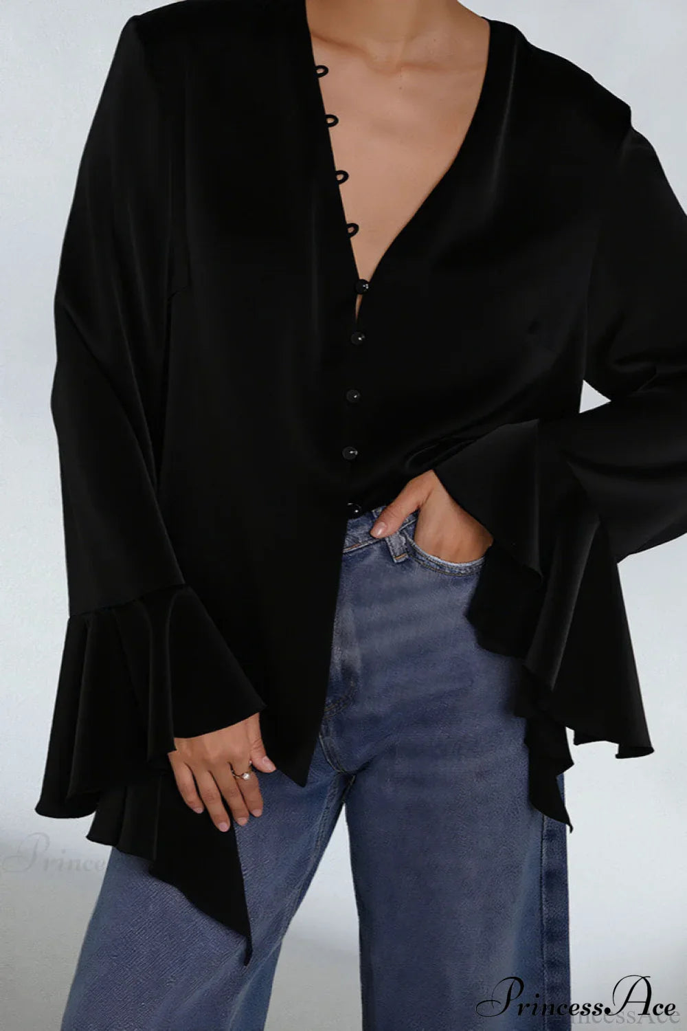 Satin Ruffled Solid Color Blouse