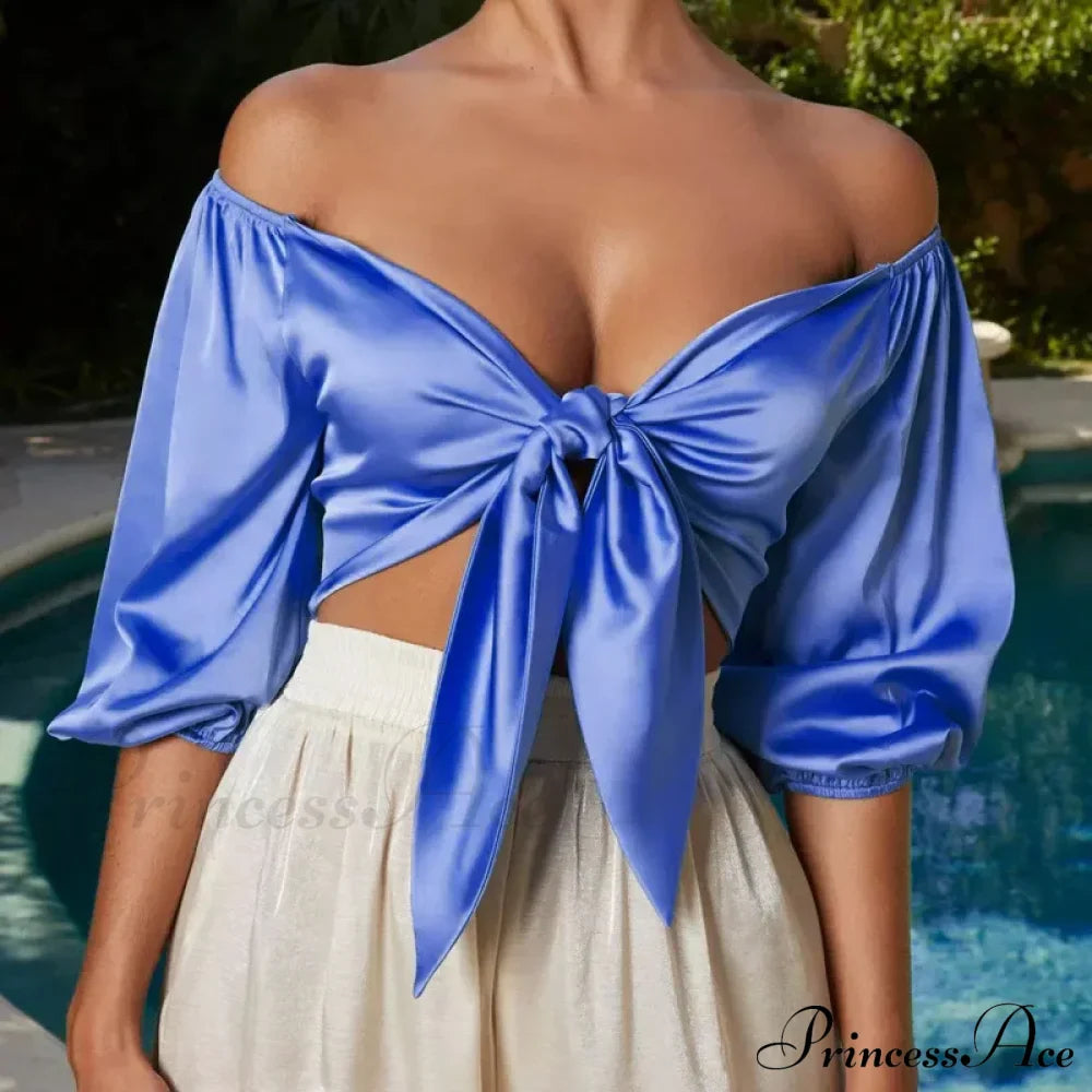 Satin Slik Crop Women Bow Sashes V Neck Crop Sleeveless Half Sleeve Cropped Backless cropped feminino Tank top