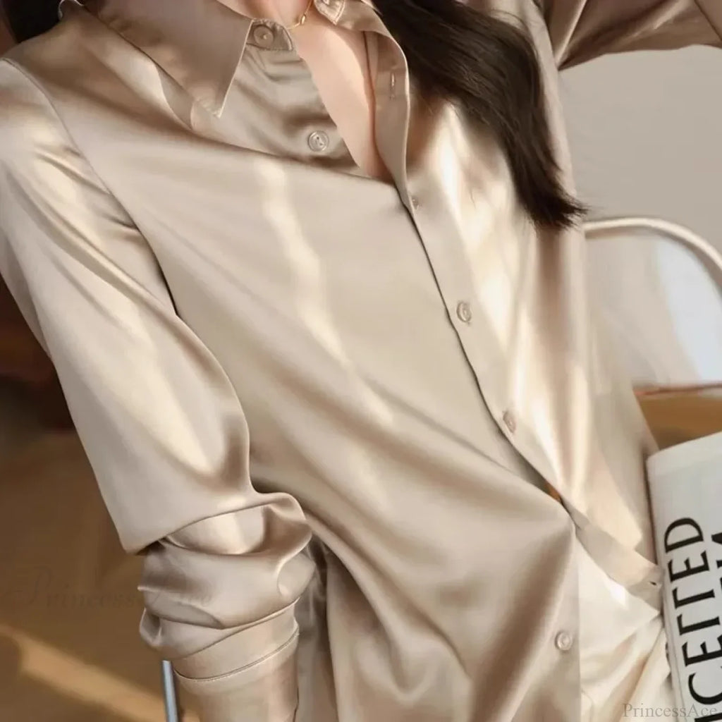 Satin Solid Long Sleeve Polo Neck Blouse