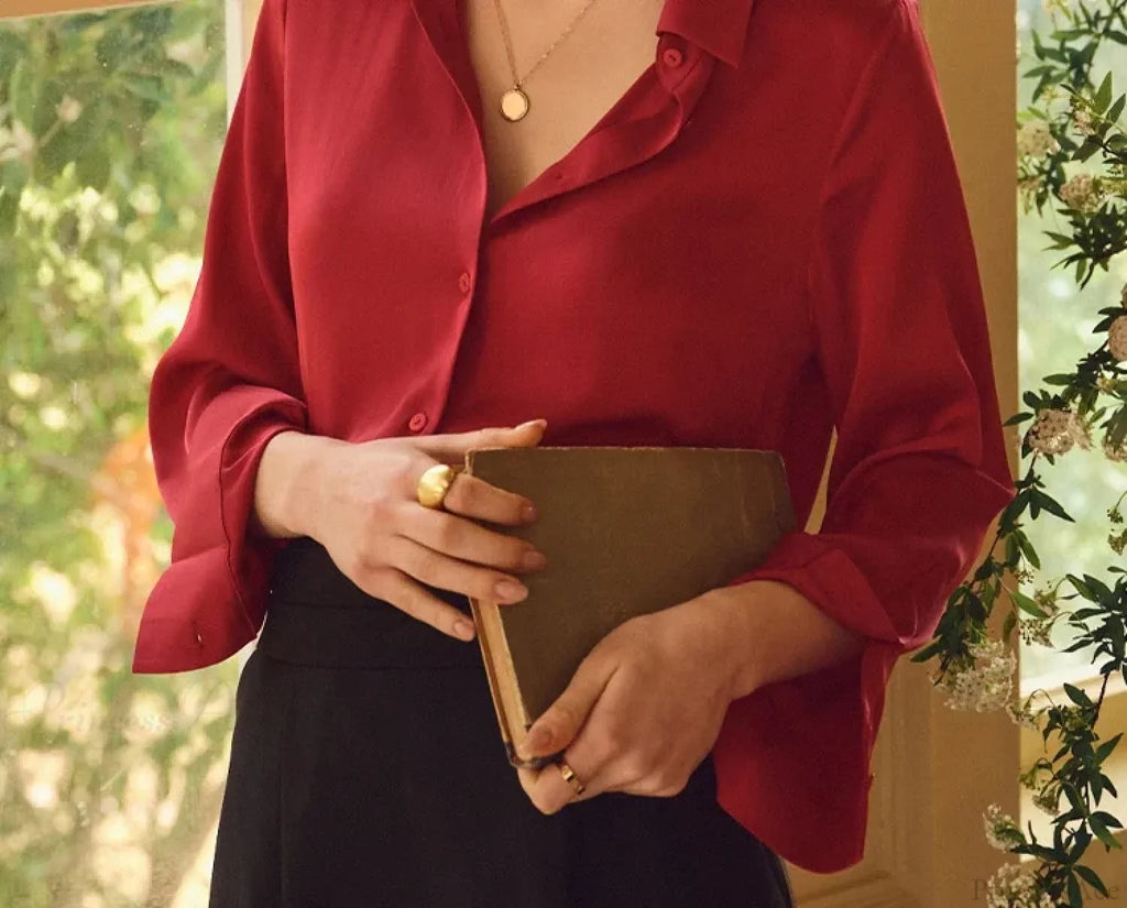 Satin Solid Long Sleeve Polo Neck Blouse