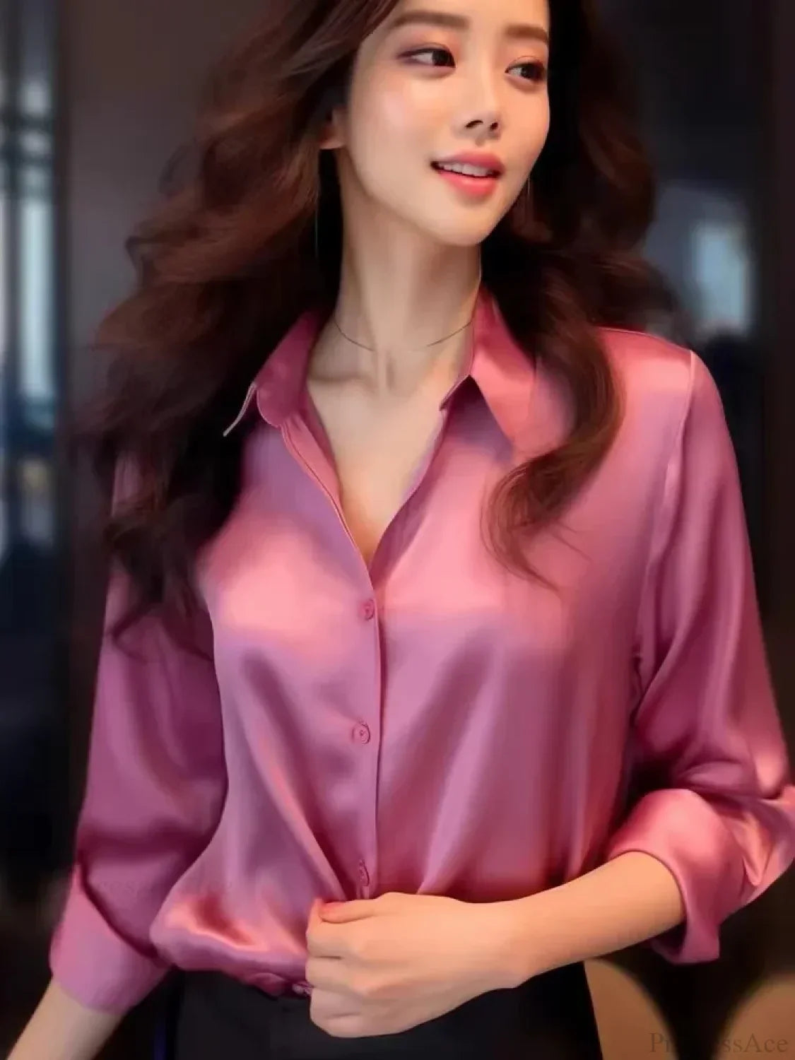 Satin Solid Long Sleeve Polo Neck Blouse