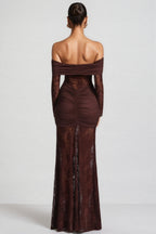 Velally Brown Lace Cut-Out Fishtail Maxi Dress