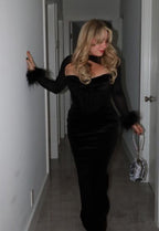 Evening Feather-Decorated Velvet Maxi Dress