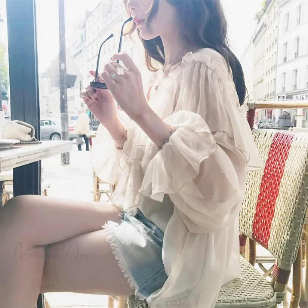 See Through Boho Mesh Ruffle Blouse