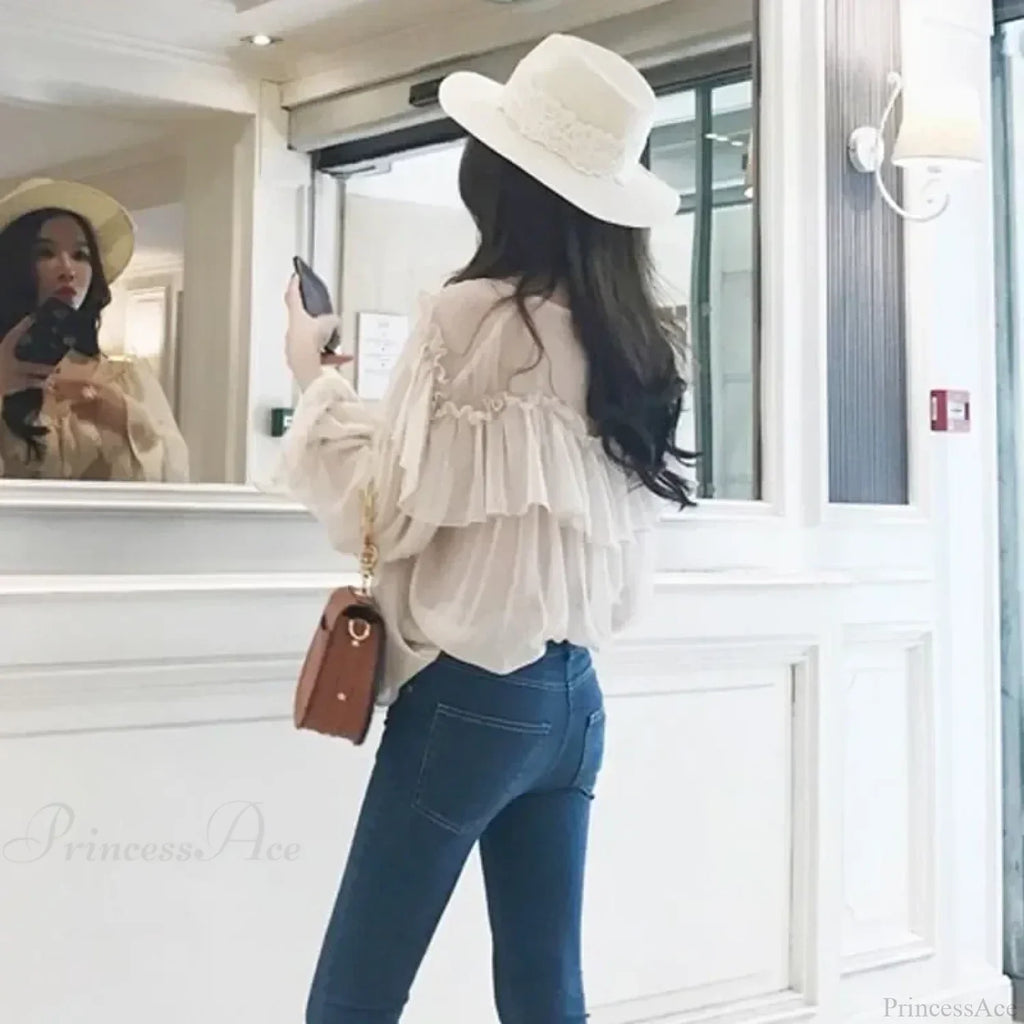 See Through Boho Mesh Ruffle Blouse