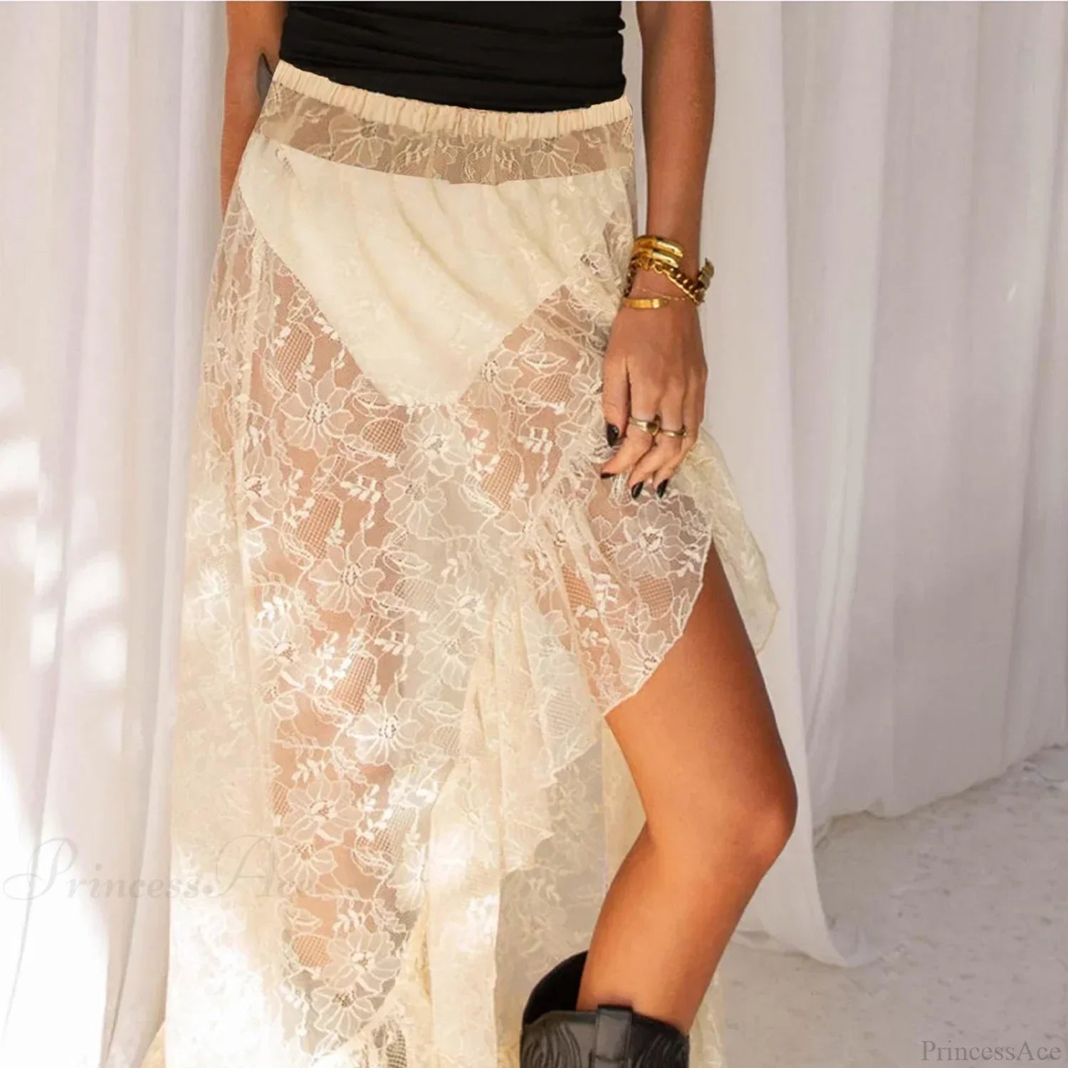 See Through Elastic High Waist Ruffle Asymmetrical Lace Skirt