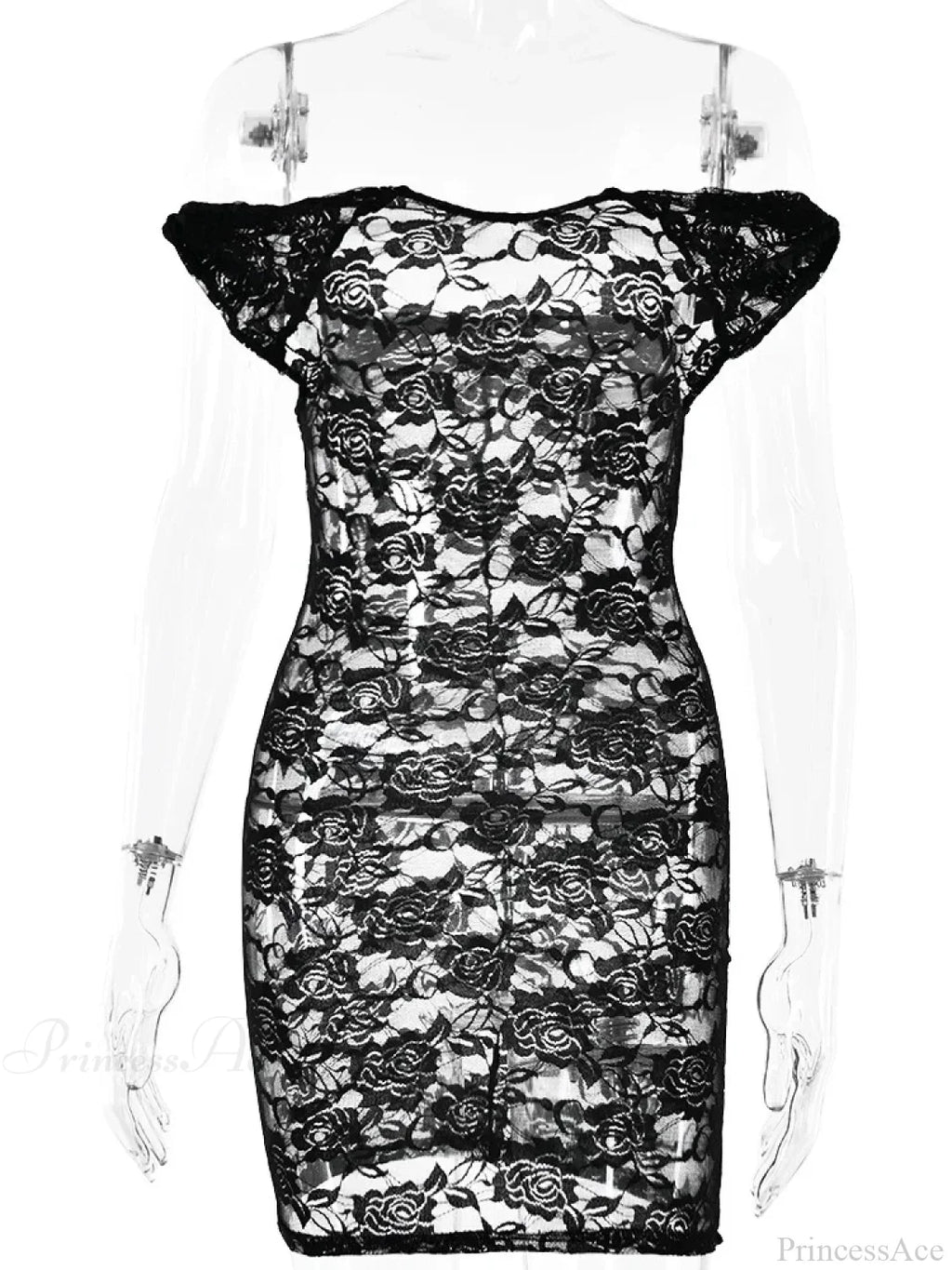 See-Through Lace Floral Off-Shoulder Bodycon Mini Floral Dress