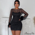 See Through Mesh Autumn Black Long O-Neck Sexy Club Partywear Fashion Bodycon Dress