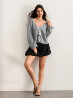 Sequin Bow Front Tie Loose V-neck Cardigan