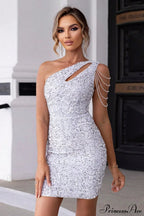 Sequin Chain One Shoulder Slim Party Dress