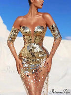 Sequin Mesh Off Shoulder Bodycon Maxi Party Dress