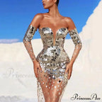 Sequin Mesh Off Shoulder Bodycon Maxi Party Dress