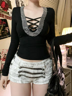 Sequin V-neck Knit Top