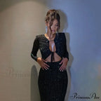 Sequined Hollow Long-sleeved Body-hugging Party-ready Clubwear Sensual Midi Dress