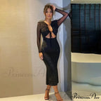 Sequined Hollow Long-sleeved Body-hugging Party-ready Clubwear Sensual Midi Dress