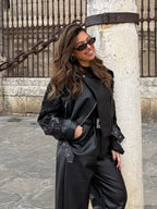 Sequins Shiny Belted Leather Coat