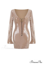 Sequins V Neck Flares Sleeve Pack Hip Dress