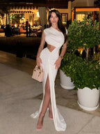 Sexy Asymmetrical Neck Hollow Out White Sleeveless Split Ruched Party Dress