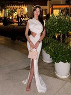 Sexy Asymmetrical Neck Hollow Out White Sleeveless Split Ruched Party Dress